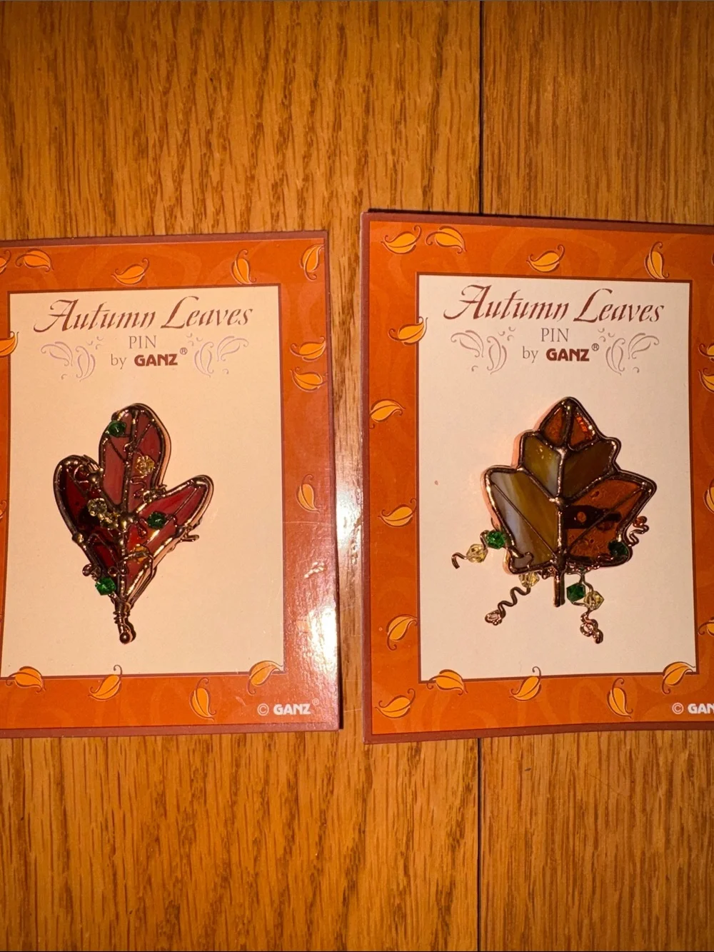 GANZ Autumn Leaves Enamel Pins in Rust & Cream with Green Accents